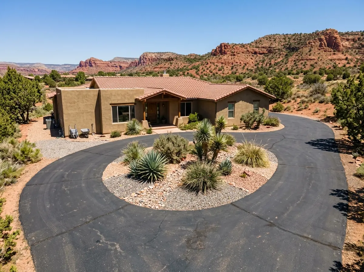Circular asphalt driveway looping past the front entry of a stucco home with agave and gravel landscaping in the center