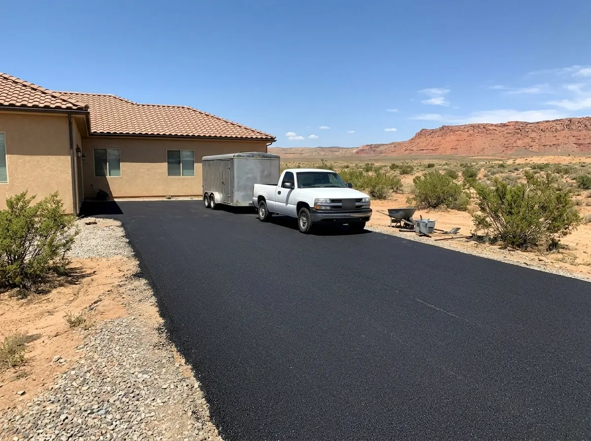 Thick asphalt driveway with a pickup truck and a covered trailer parked beside a stucco home