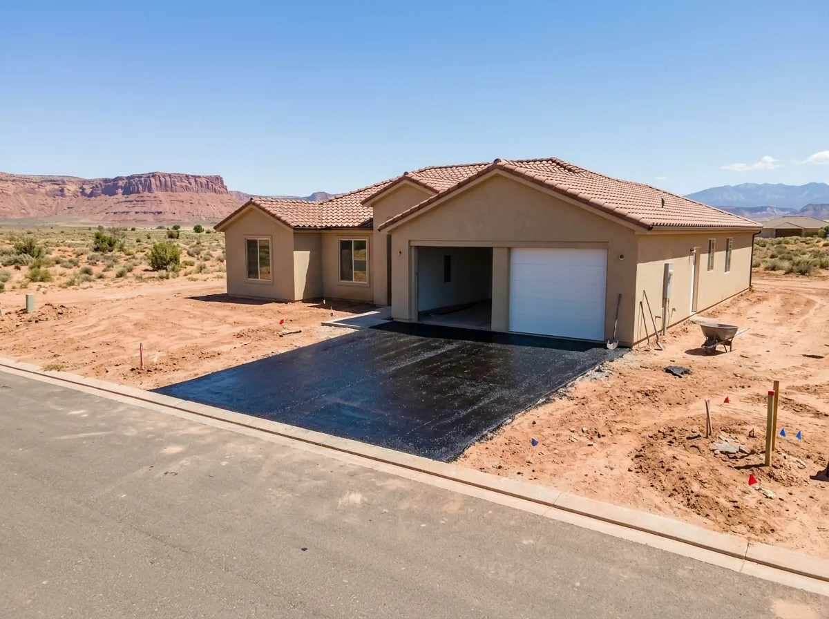 Freshly paved black asphalt driveway beside a newly built stucco home with bare desert soil still around it