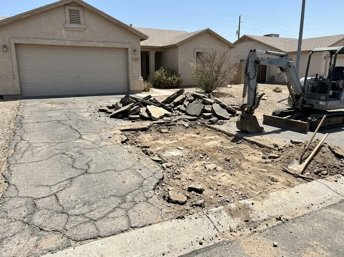 Old cracked asphalt driveway being torn out for replacement