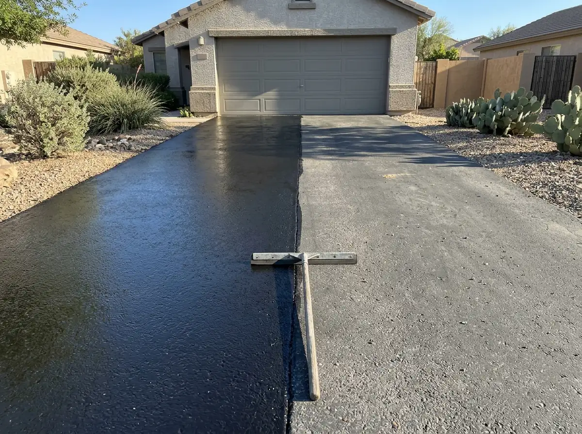 Driveway half sealcoated, showing fresh black sealer beside faded asphalt