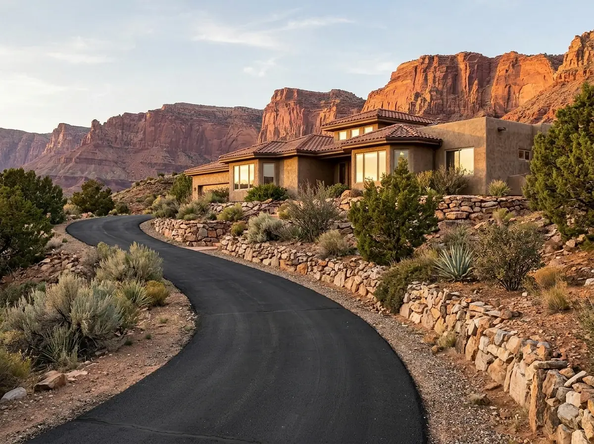 Asphalt driveway climbing a slope to a hillside stucco home with red rock cliffs behind it