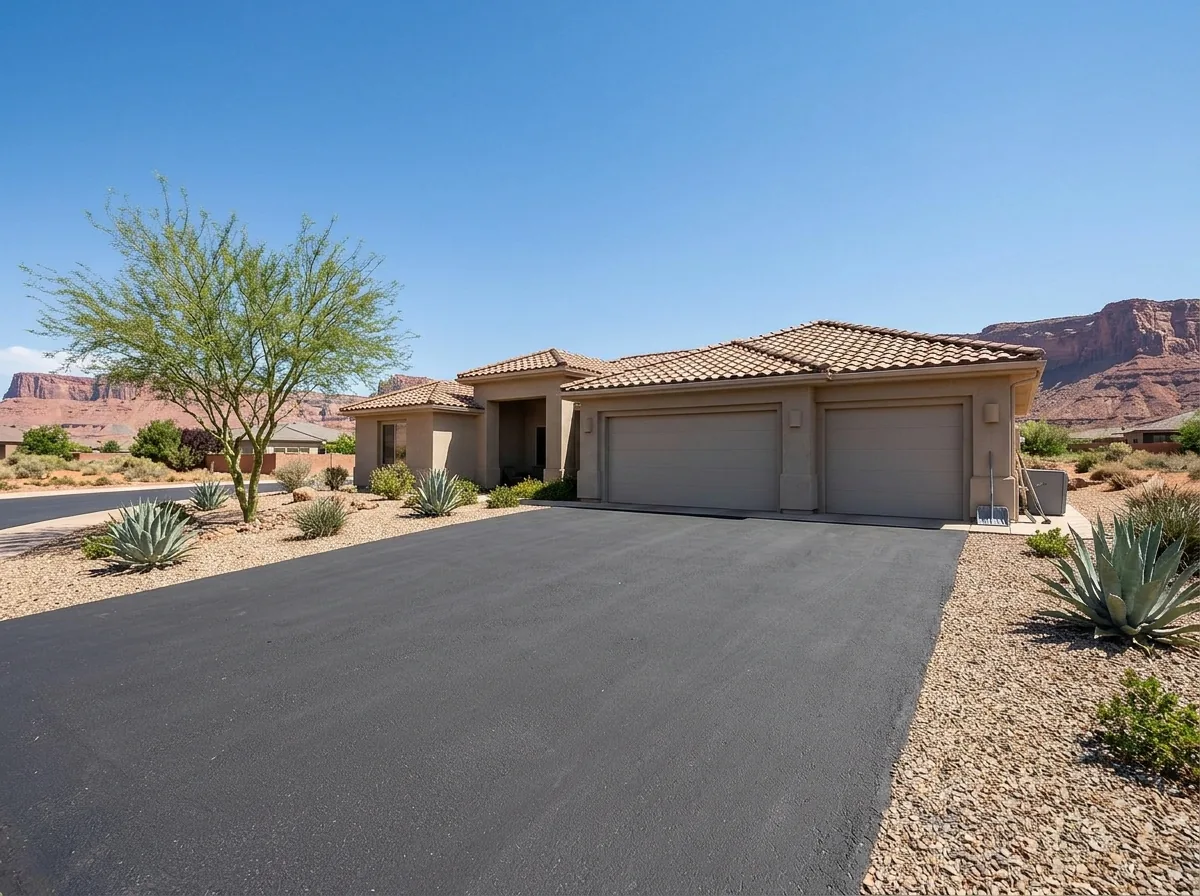 Wide black asphalt driveway in front of a three-car garage on a single-story stucco home with a tile roof