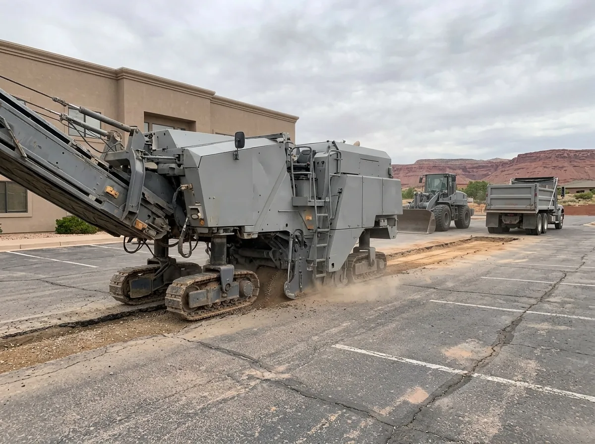 Milling machine cutting through old asphalt down to the gravel base on a stucco office lot, exposed base visible behind it
