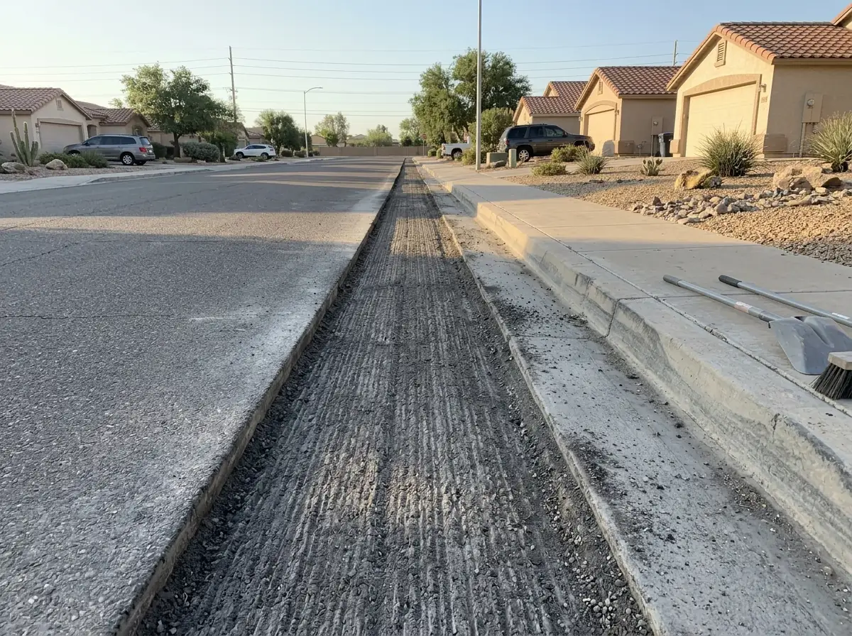 Strip of asphalt milled down along a concrete gutter at the edge of a residential street, leaving a clean step for new paving