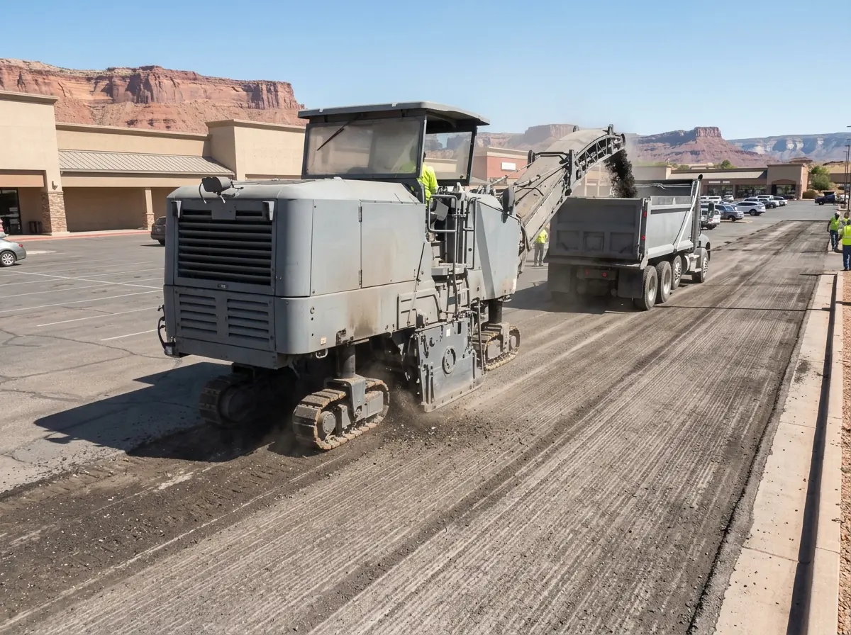 Milling machine grinding the worn top layer off a stucco shopping center parking lot, a conveyor loading millings into a dump truck