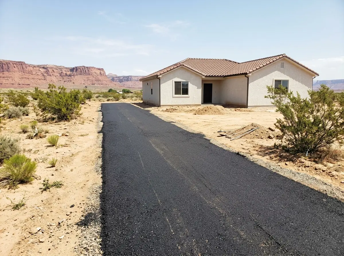 Freshly rolled black asphalt millings driveway crossing a graded dirt lot to a new stucco house