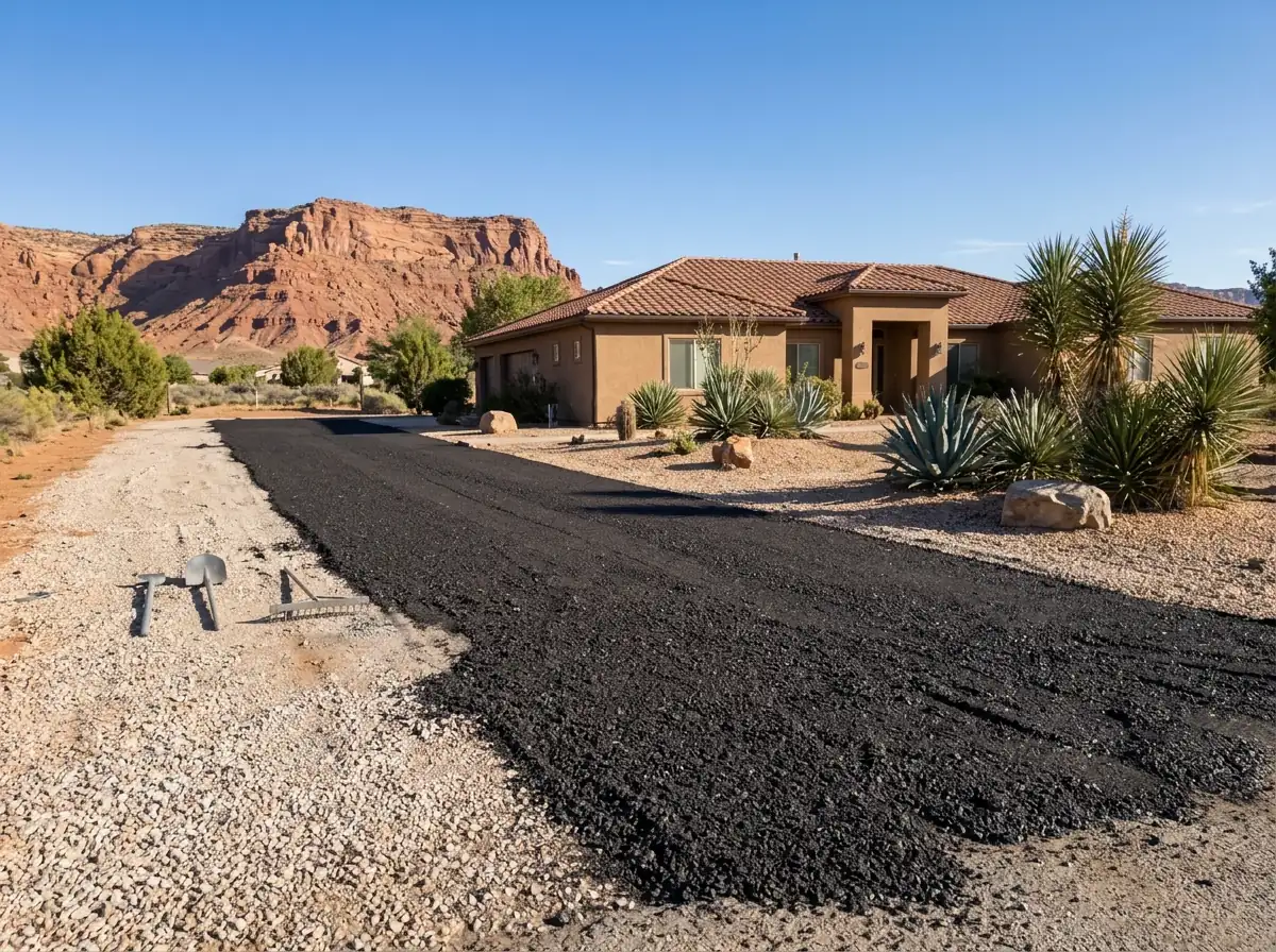 Layer of dark recycled asphalt millings spread over an old gravel driveway beside a tile-roofed home