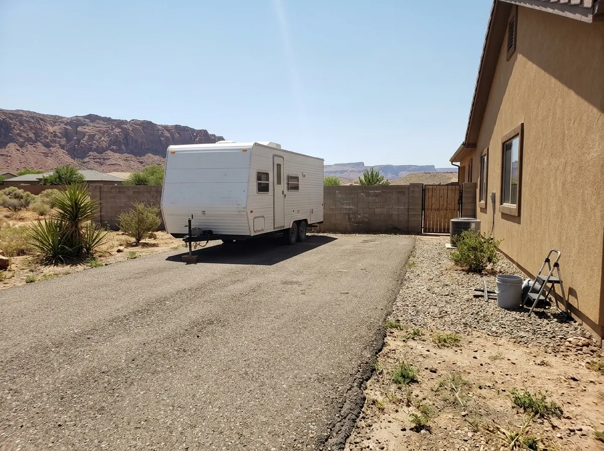 Wide asphalt millings parking pad beside a desert home with a travel trailer parked on it