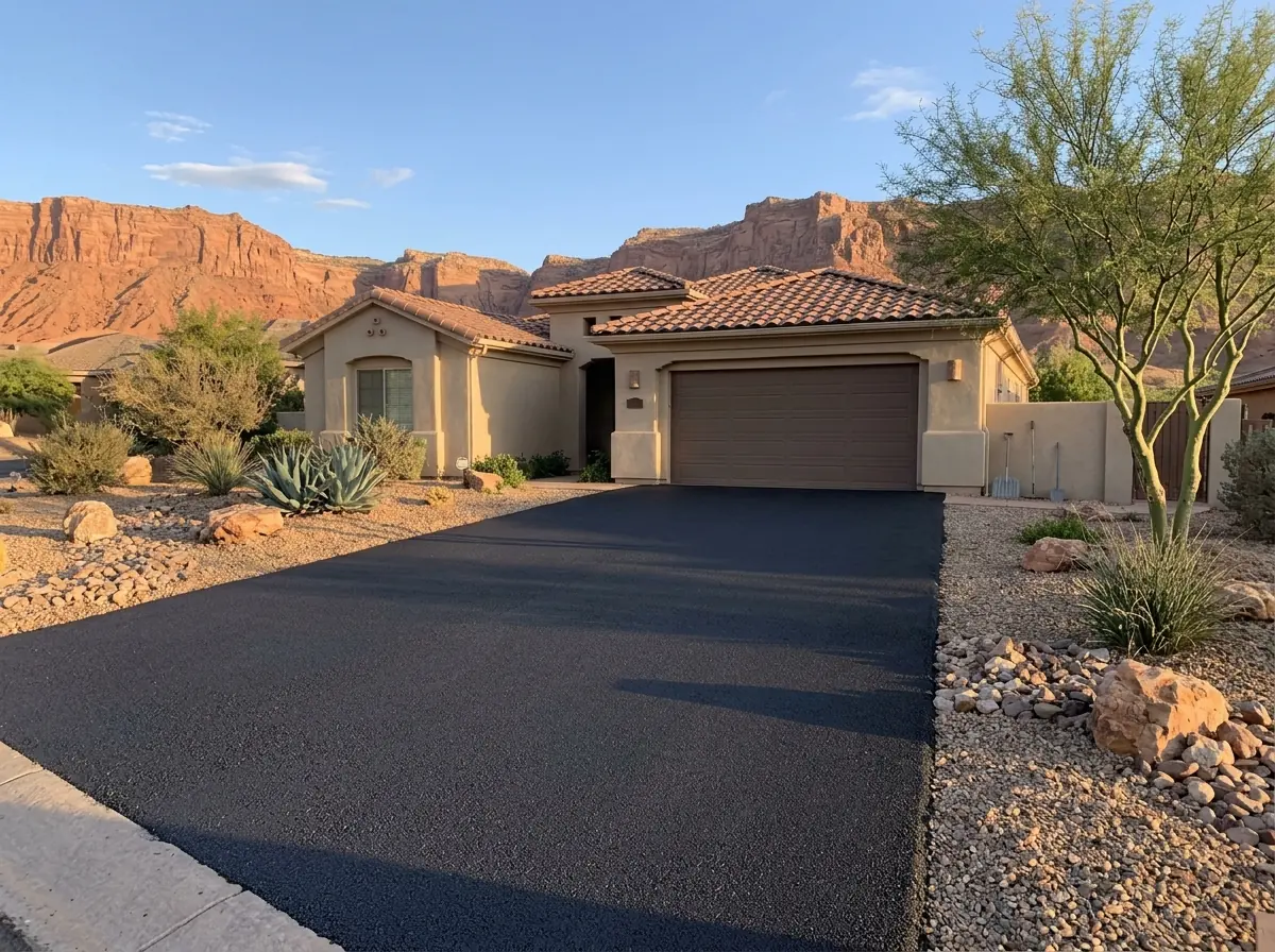 Sealed asphalt millings driveway with a smooth dark surface in front of a two-car garage