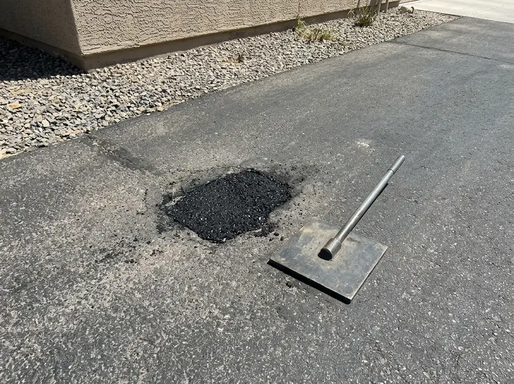 Dark cold patch asphalt packed into a small pothole on a residential driveway, a hand tamper beside it