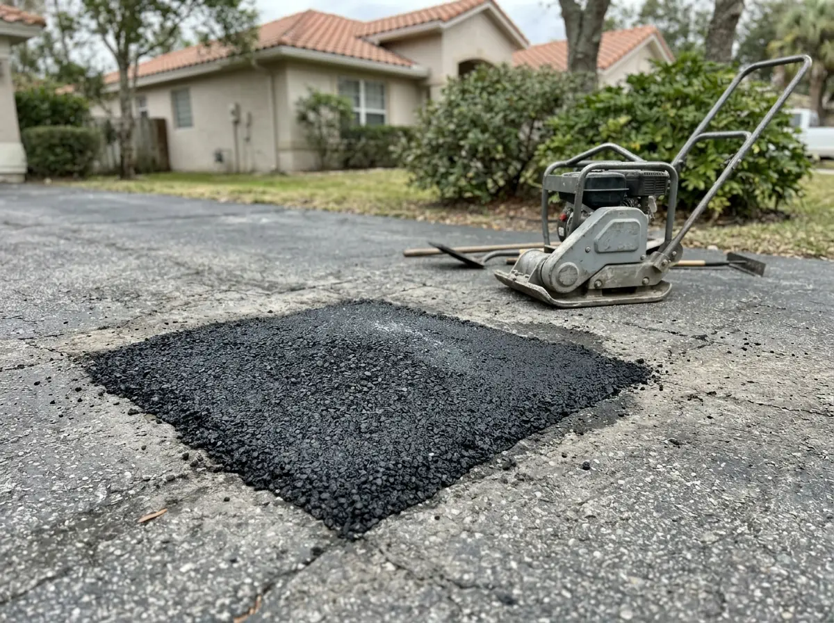 Fresh black hot-mix asphalt patch compacted into a driveway pothole, slightly raised above the old gray surface