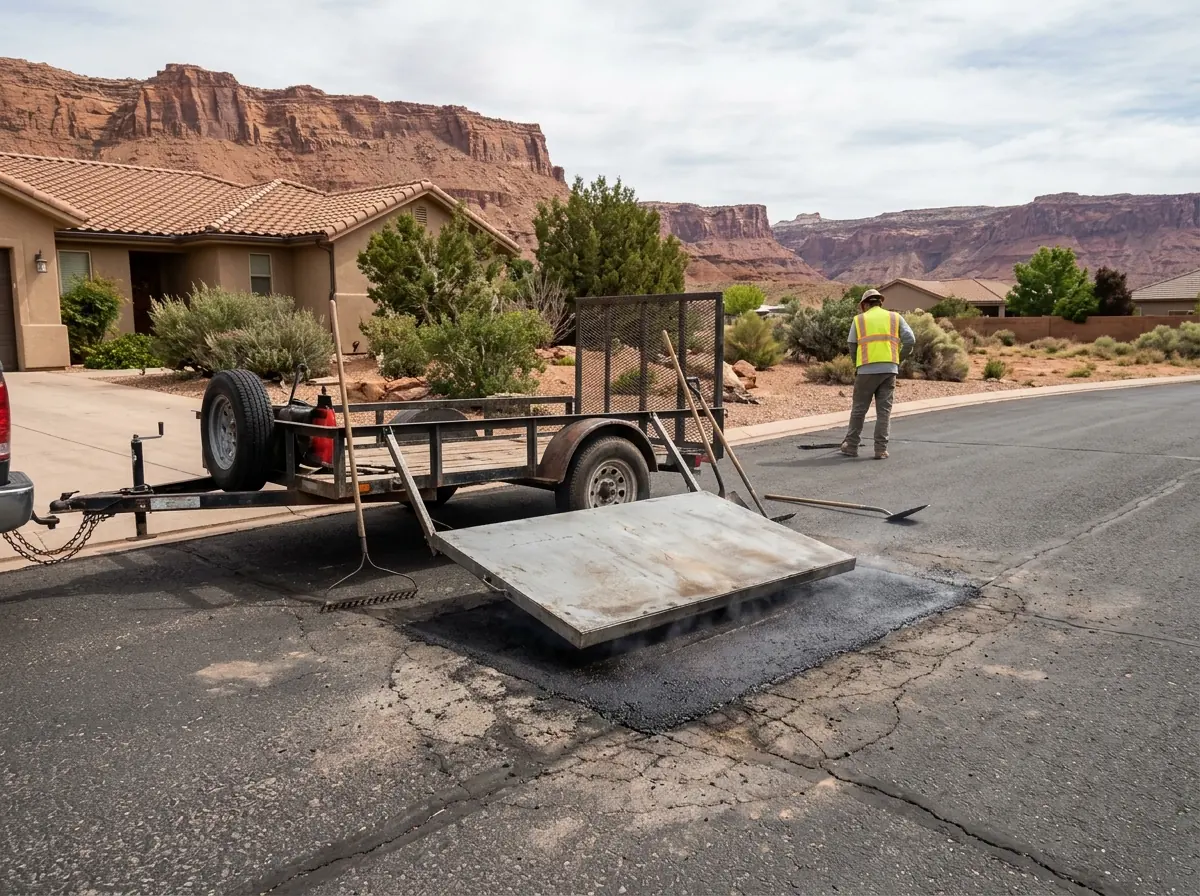 Infrared heater panel lowered over a damaged patch of driveway asphalt, the surface around it dark and soft