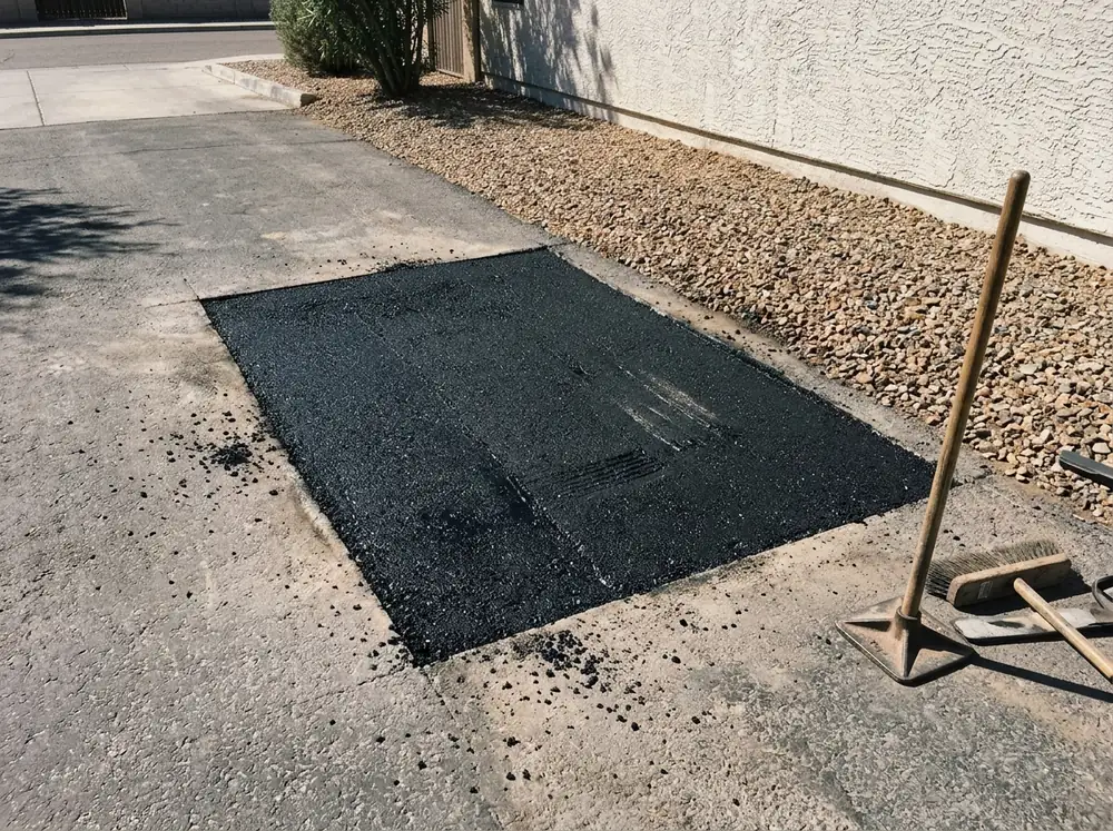 Rectangular saw-cut patch in an asphalt driveway with straight vertical edges, filled with fresh compacted hot mix