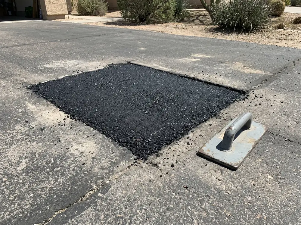 Saw-cut asphalt patch filled with fresh hot mix