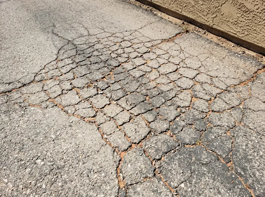 Interconnected alligator cracks forming small irregular blocks across a section of asphalt driveway