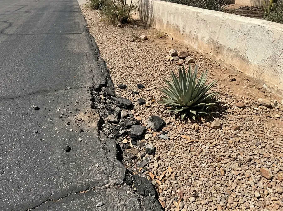 Broken, crumbling edge along the side of an asphalt driveway next to gravel desert landscaping