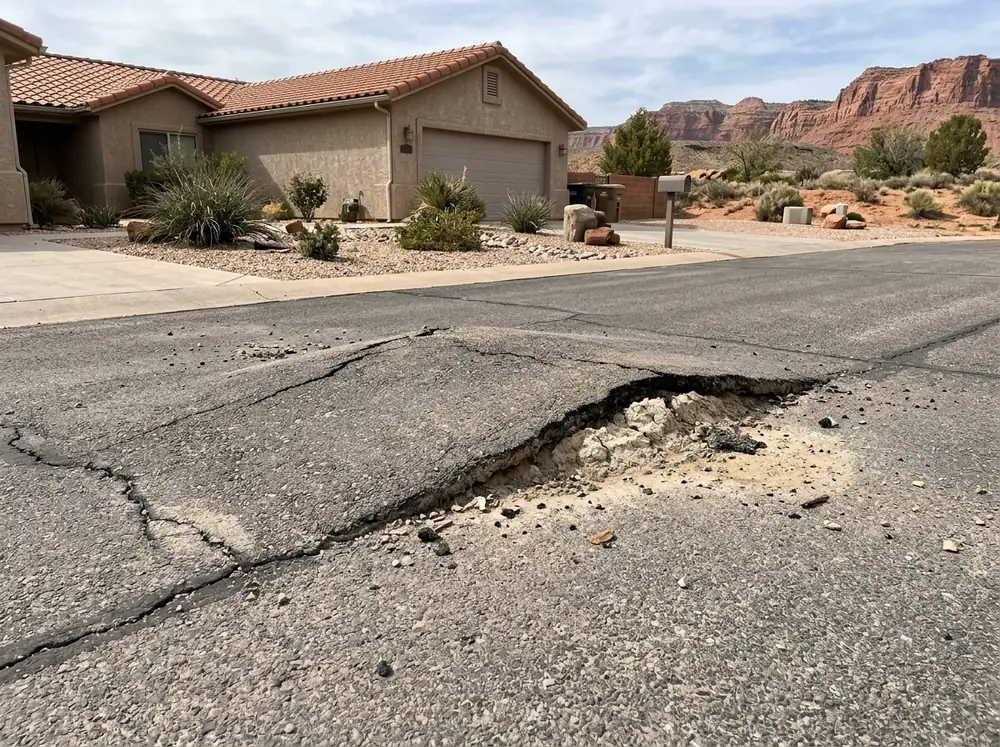 Asphalt driveway section lifted and cracked into a hump over swelling clay soil