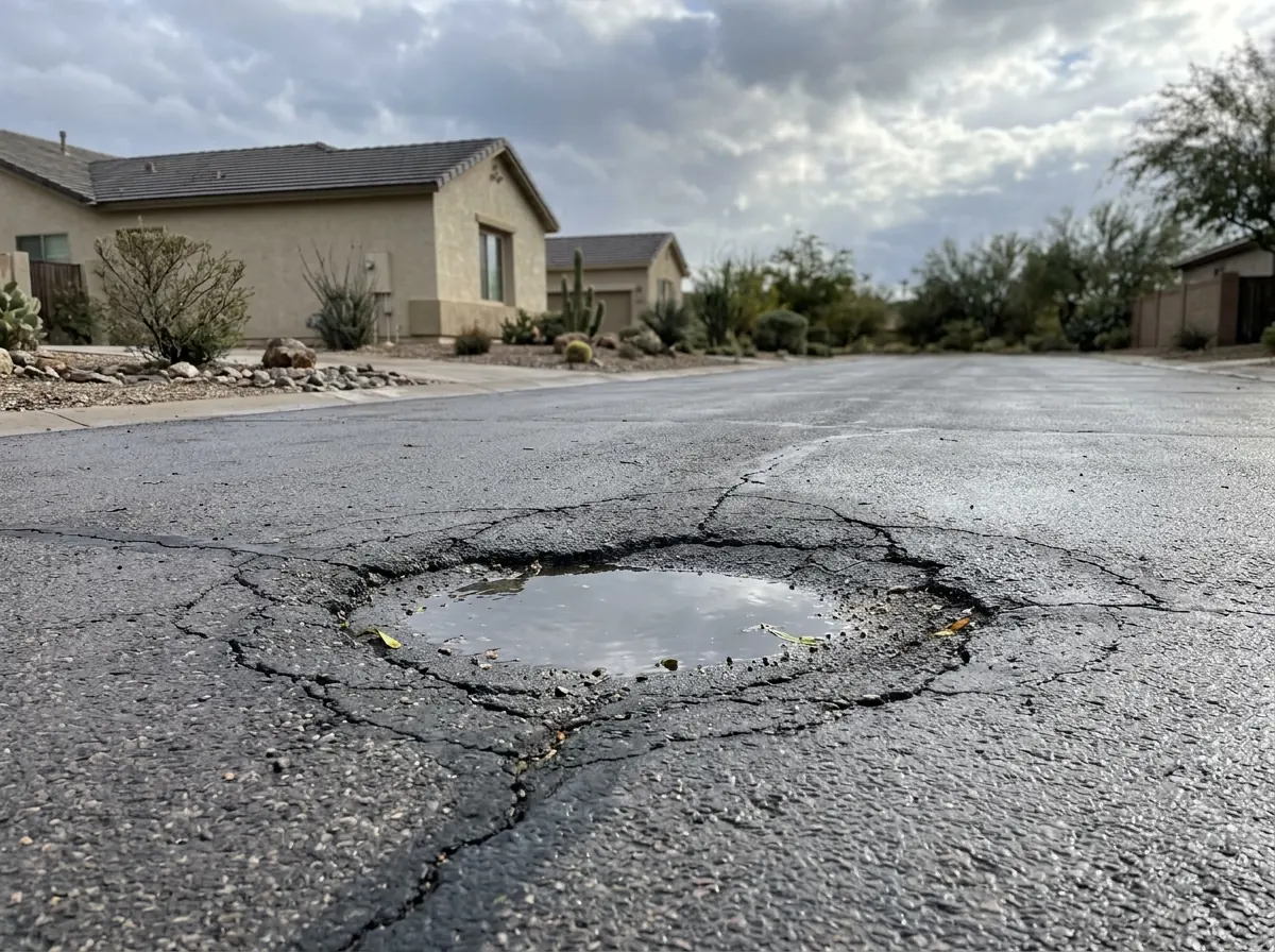 Shallow sunken depression holding a puddle in the middle of an asphalt driveway