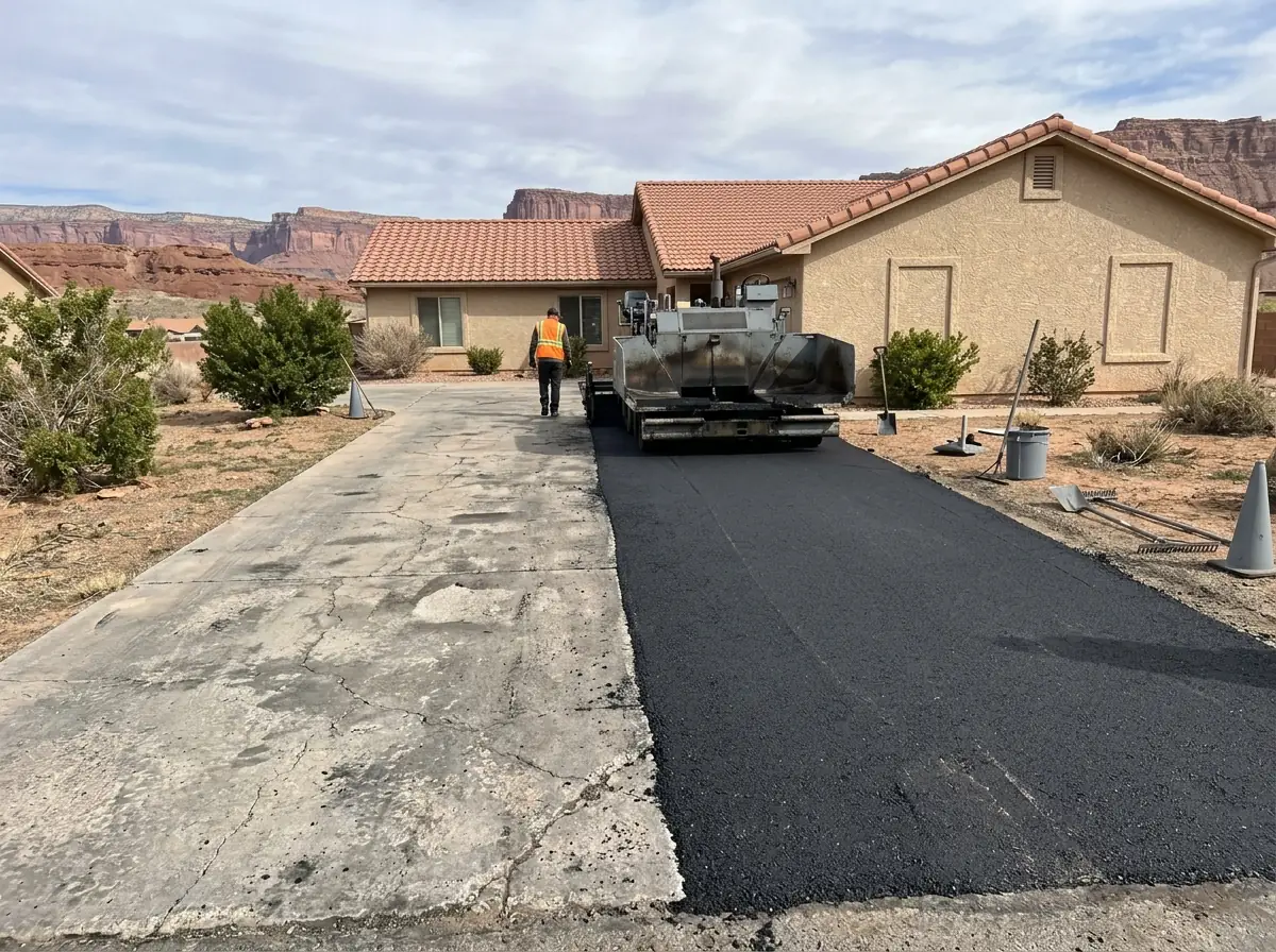 Asphalt overlay being laid over a cracked gray concrete driveway at a stucco home