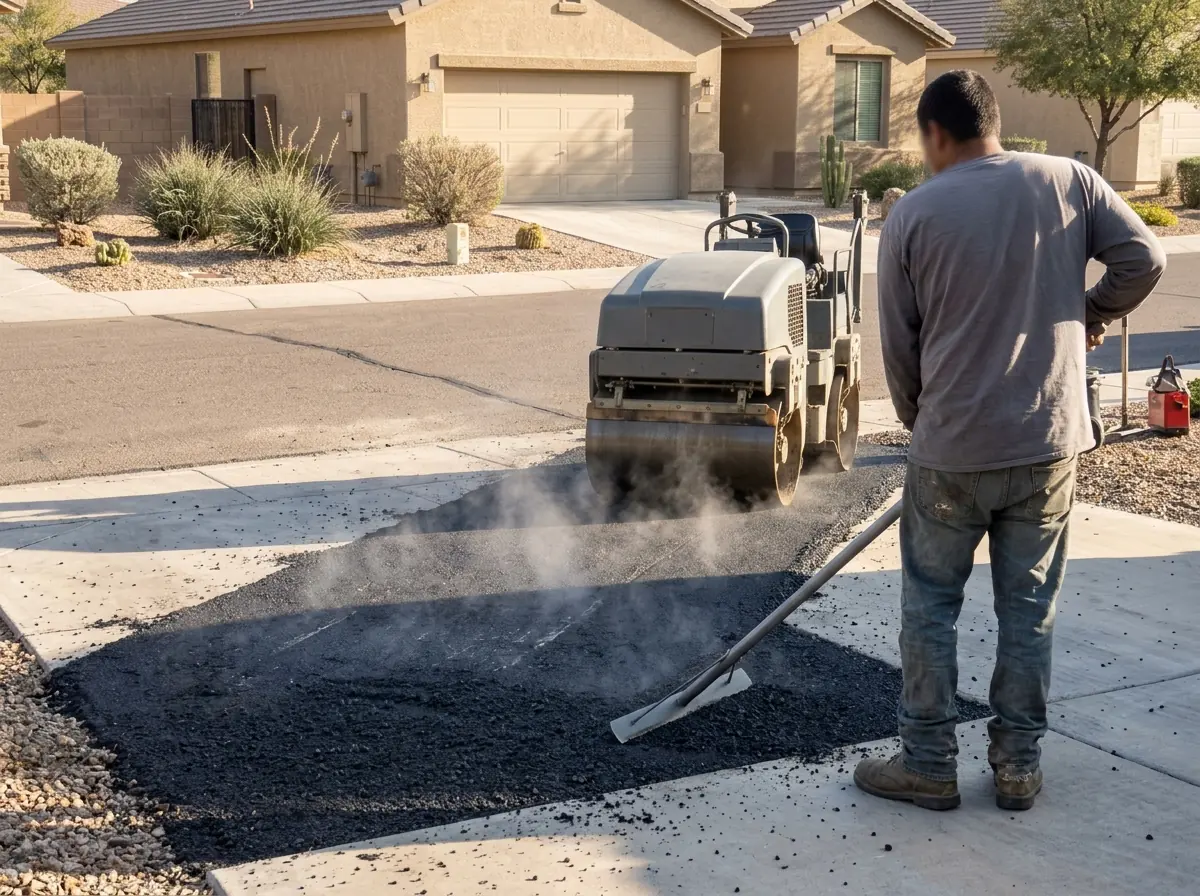 Small roller compacting fresh asphalt on a residential driveway