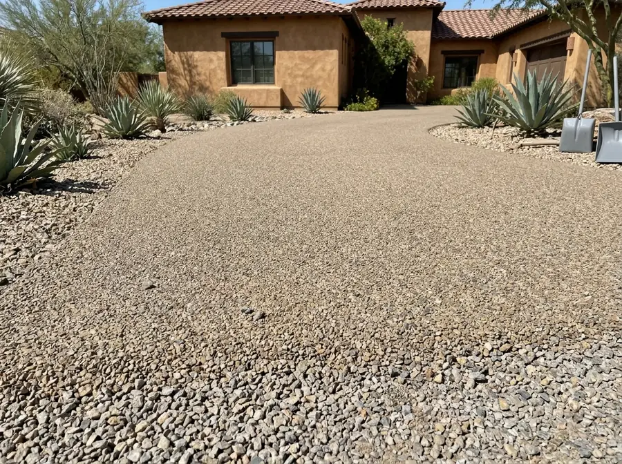 Double-layer chip seal driveway with a fine top stone over coarser chips in front of a tile-roofed house