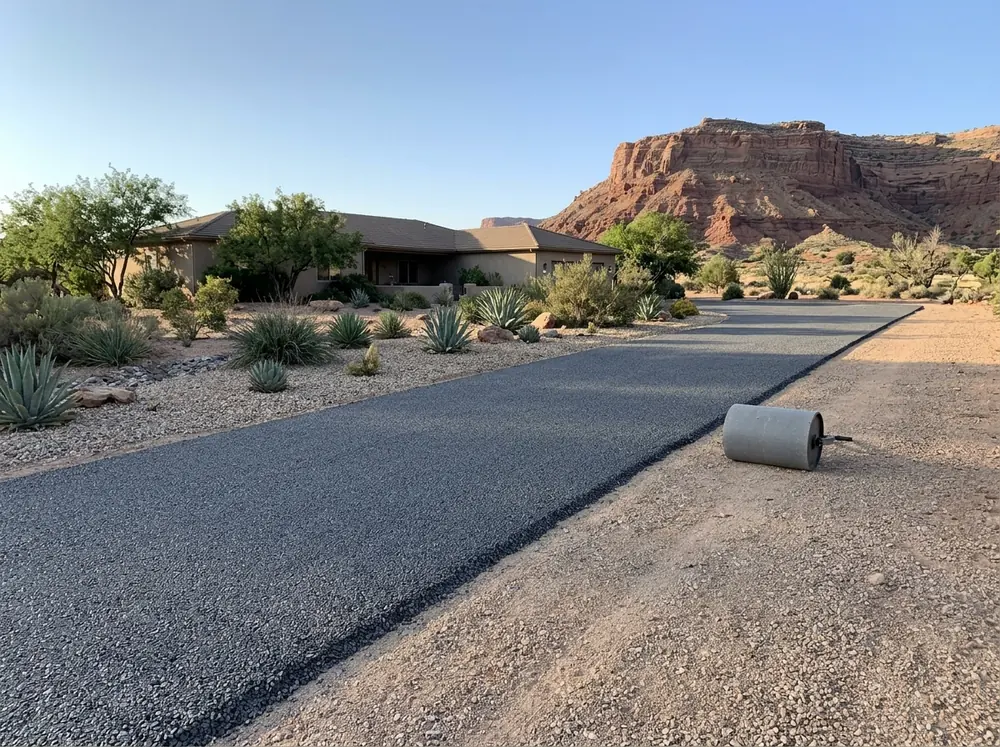 Chip seal surface laid over a leveled gravel driveway beside desert landscaping with agave and gravel beds