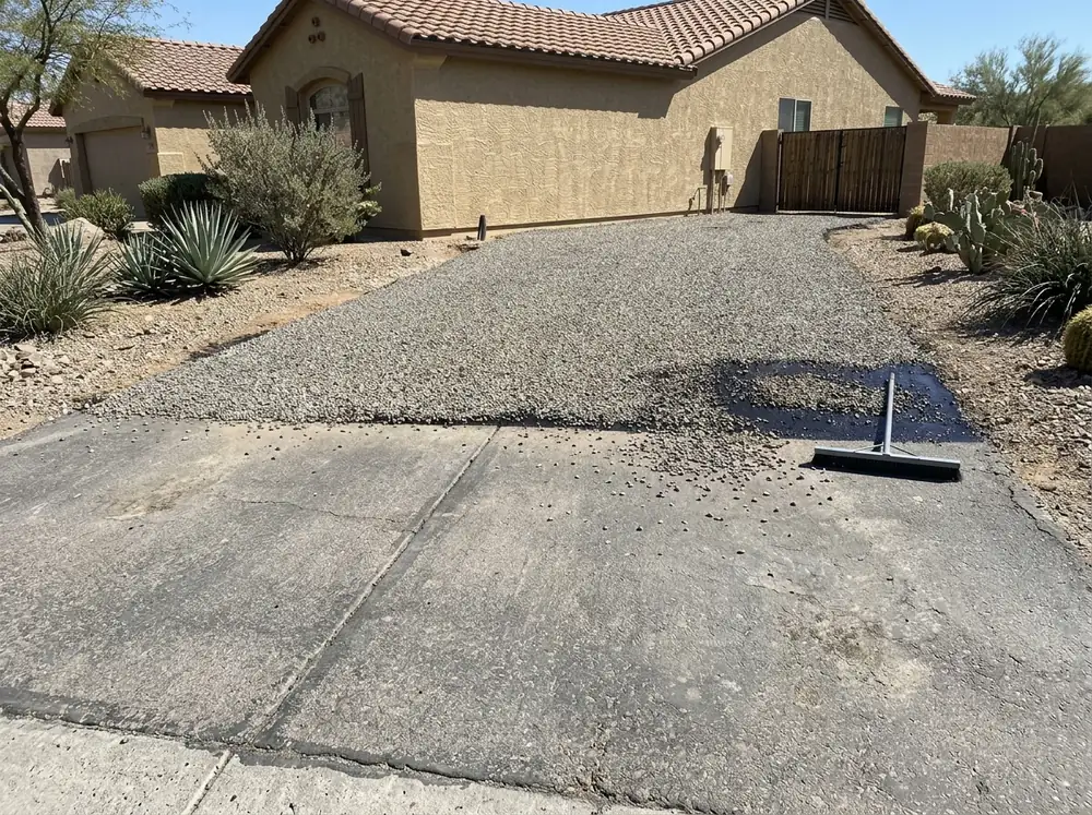 Old gray asphalt driveway half covered with a new layer of stone chips, the seam visible across the middle