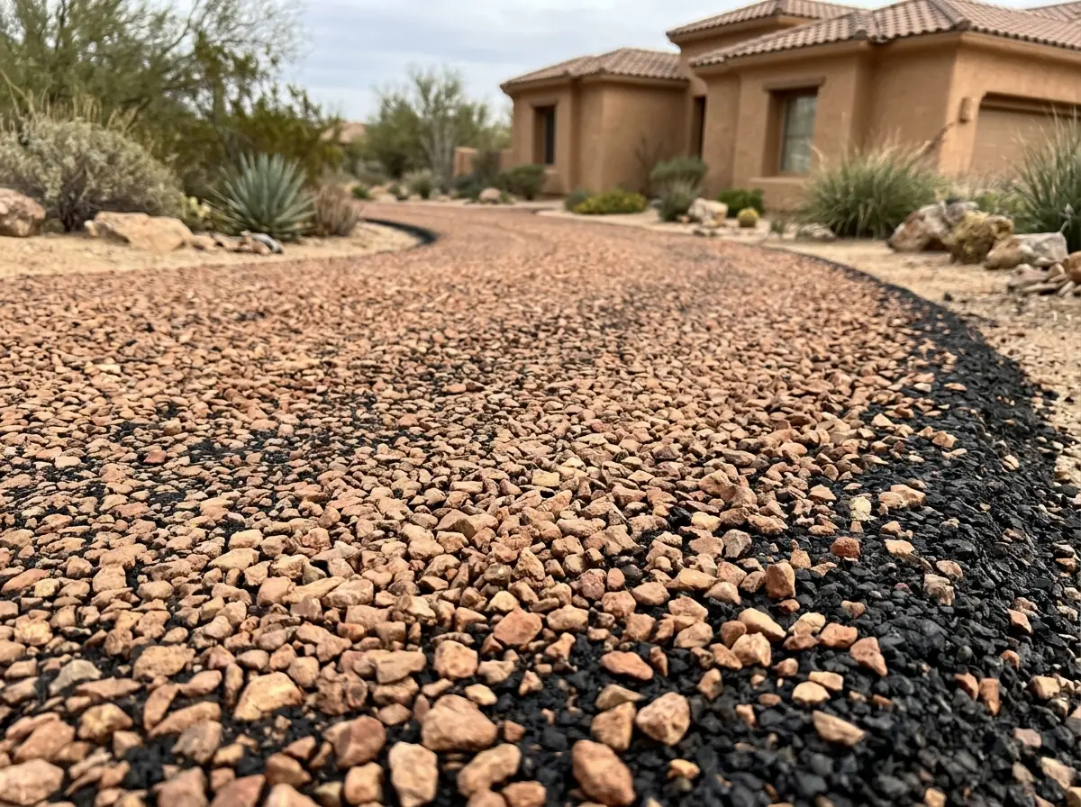 Tar-and-chip driveway with stone chips set in asphalt binder