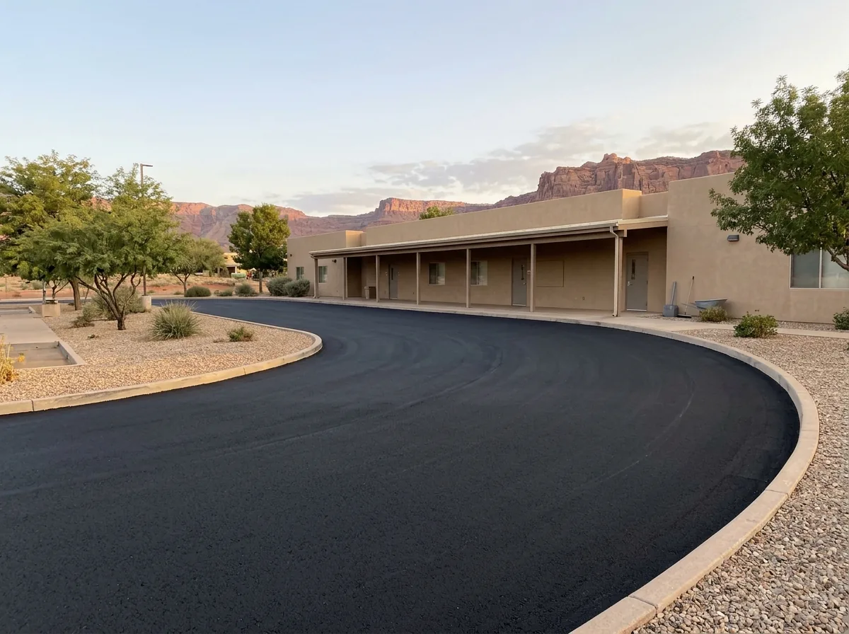 School drop-off loop of fresh asphalt curving in front of a stucco elementary school building with a covered walkway