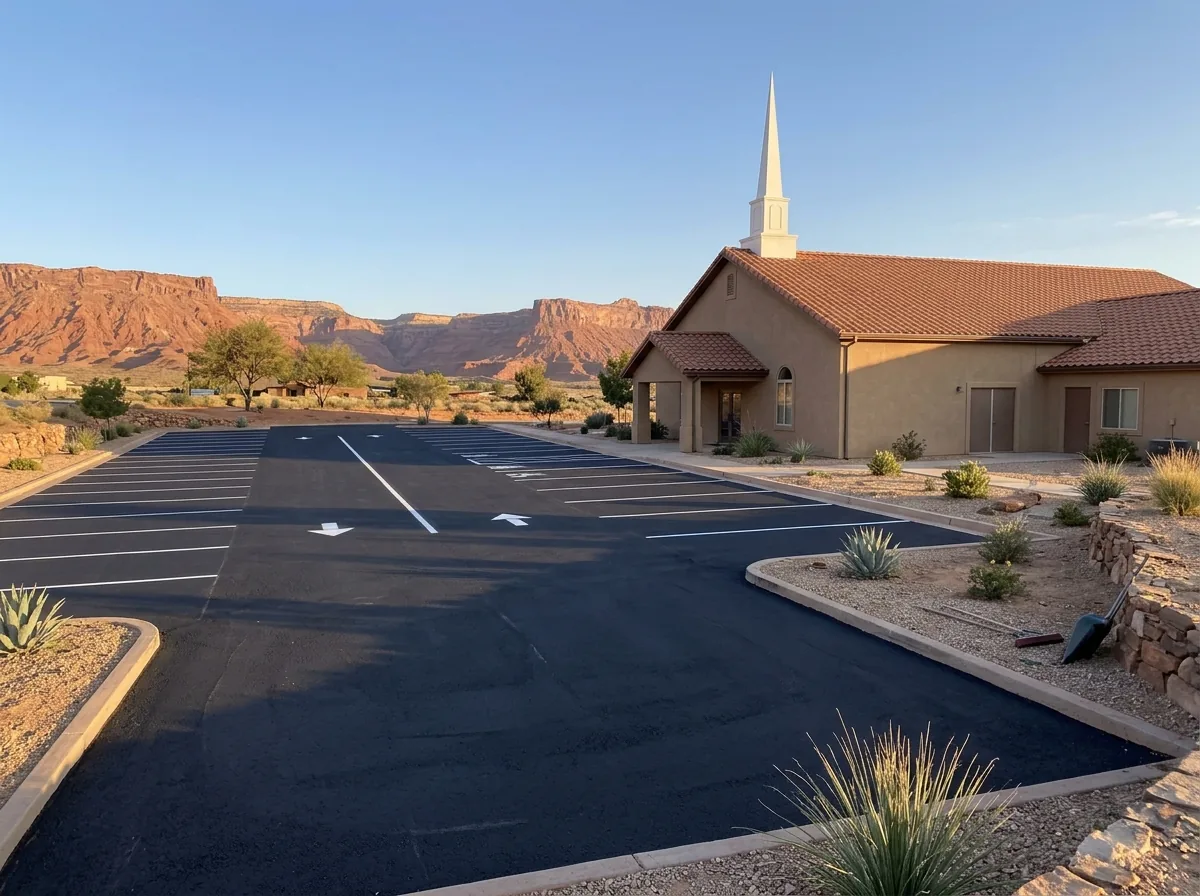 Large asphalt parking lot beside a stucco church with a tile roof and a simple steeple, red rock mesas behind it