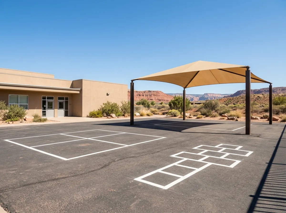 Asphalt playground with painted four-square and hopscotch lines beside a stucco school building and a shade structure
