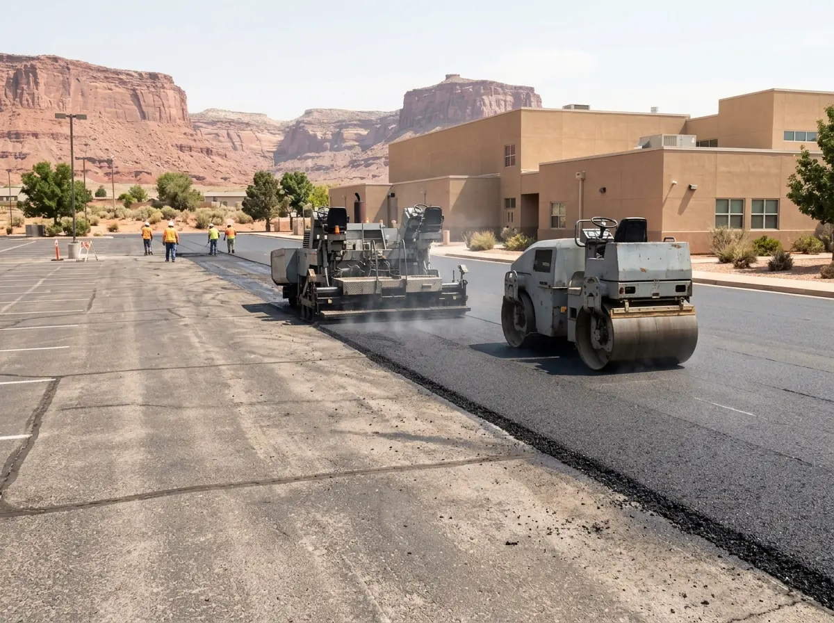 Empty school parking lot being repaved in summer, paving machine and roller working near a stucco school building