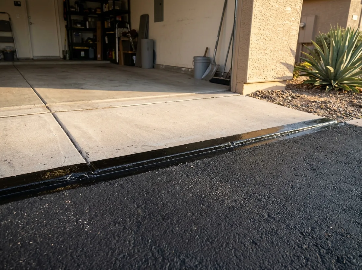 Sealed joint along the line where an asphalt driveway meets a concrete garage slab