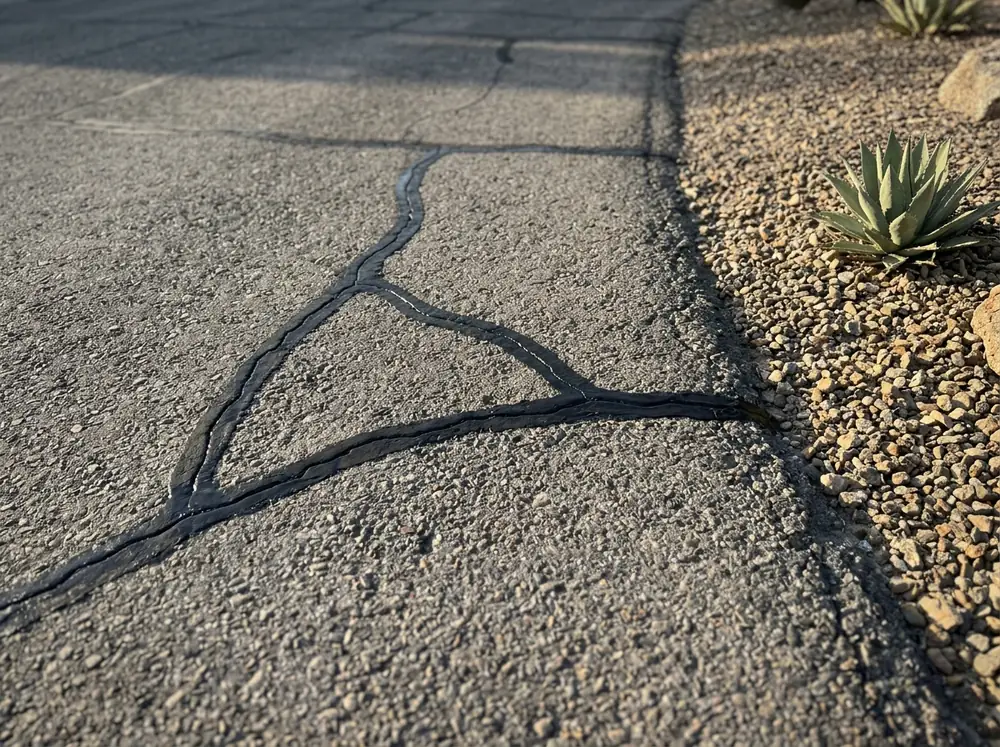 Thin cracks in a driveway filled with black rubberized filler, the lines flush with the gray asphalt