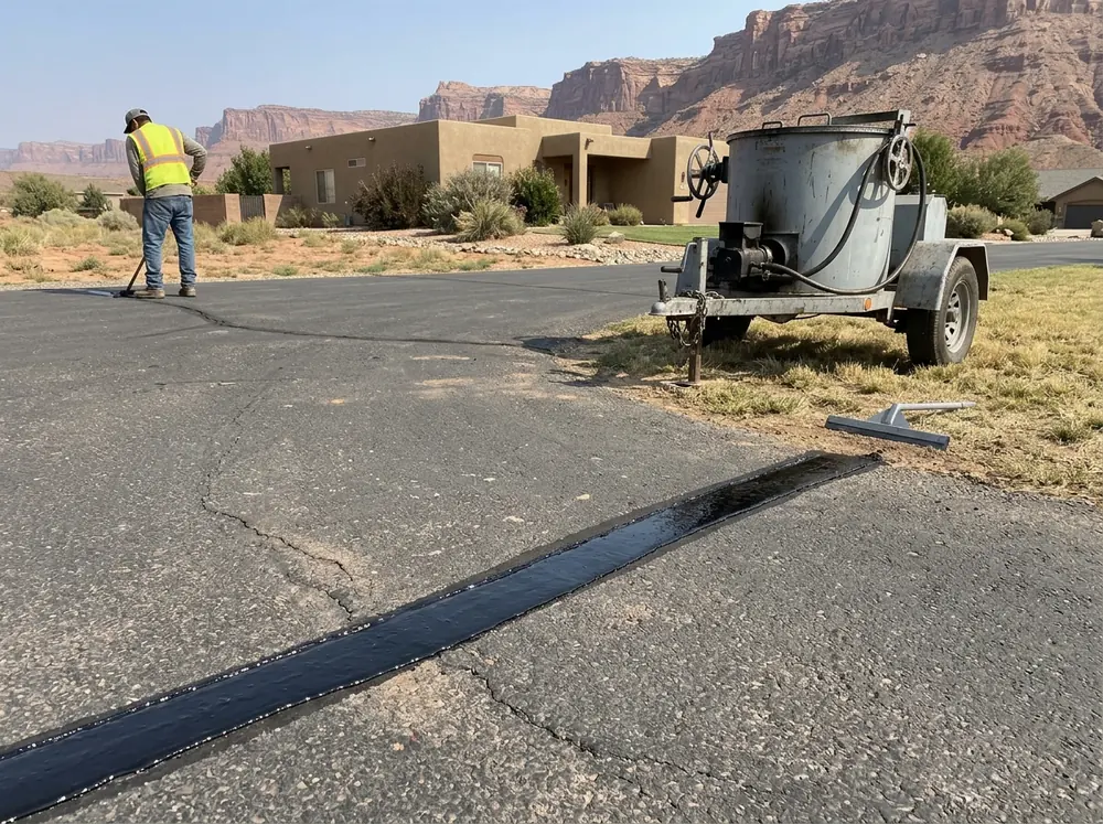 Crack routed into a neat channel across an asphalt driveway and filled with hot-pour rubberized sealant