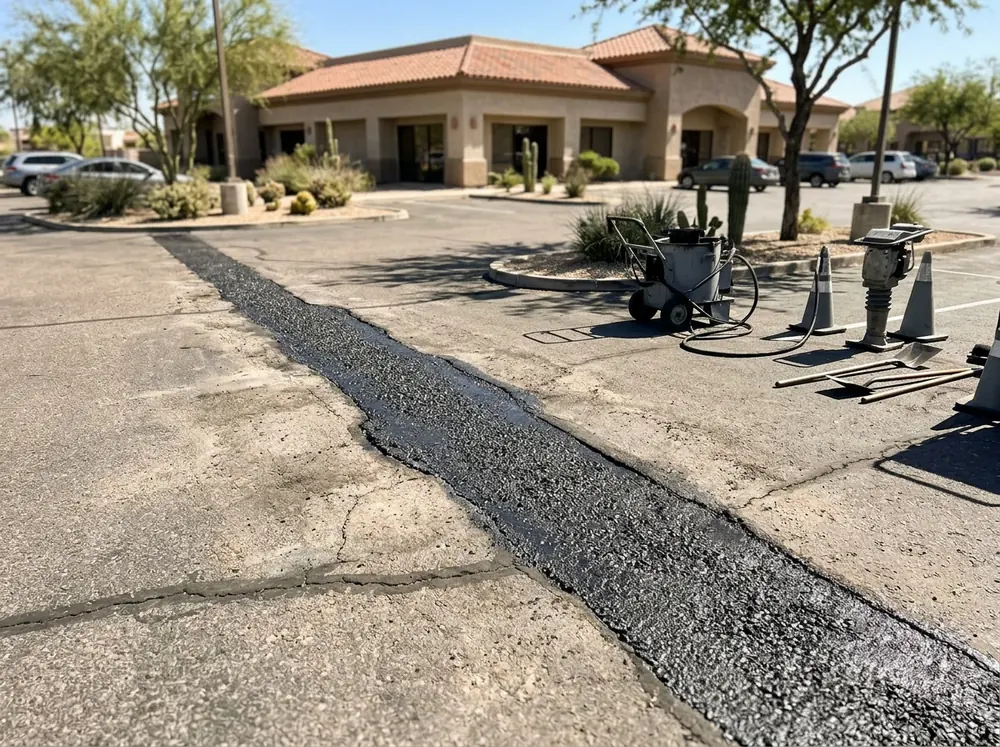 Wide crack in a parking lot filled with a band of dark mastic that holds small stone aggregate
