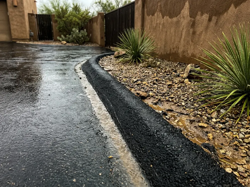 Low rounded asphalt berm along the edge of a driveway steering runoff away from a desert landscape bed