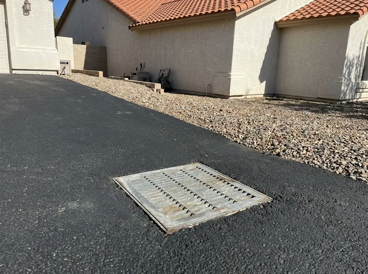 Square metal grate catch basin set into an asphalt driveway at its lowest point near a stucco home