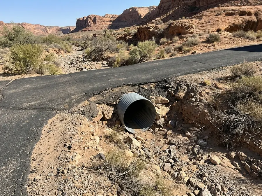 Corrugated culvert pipe under an asphalt driveway where it crosses a dry desert wash lined with rocks