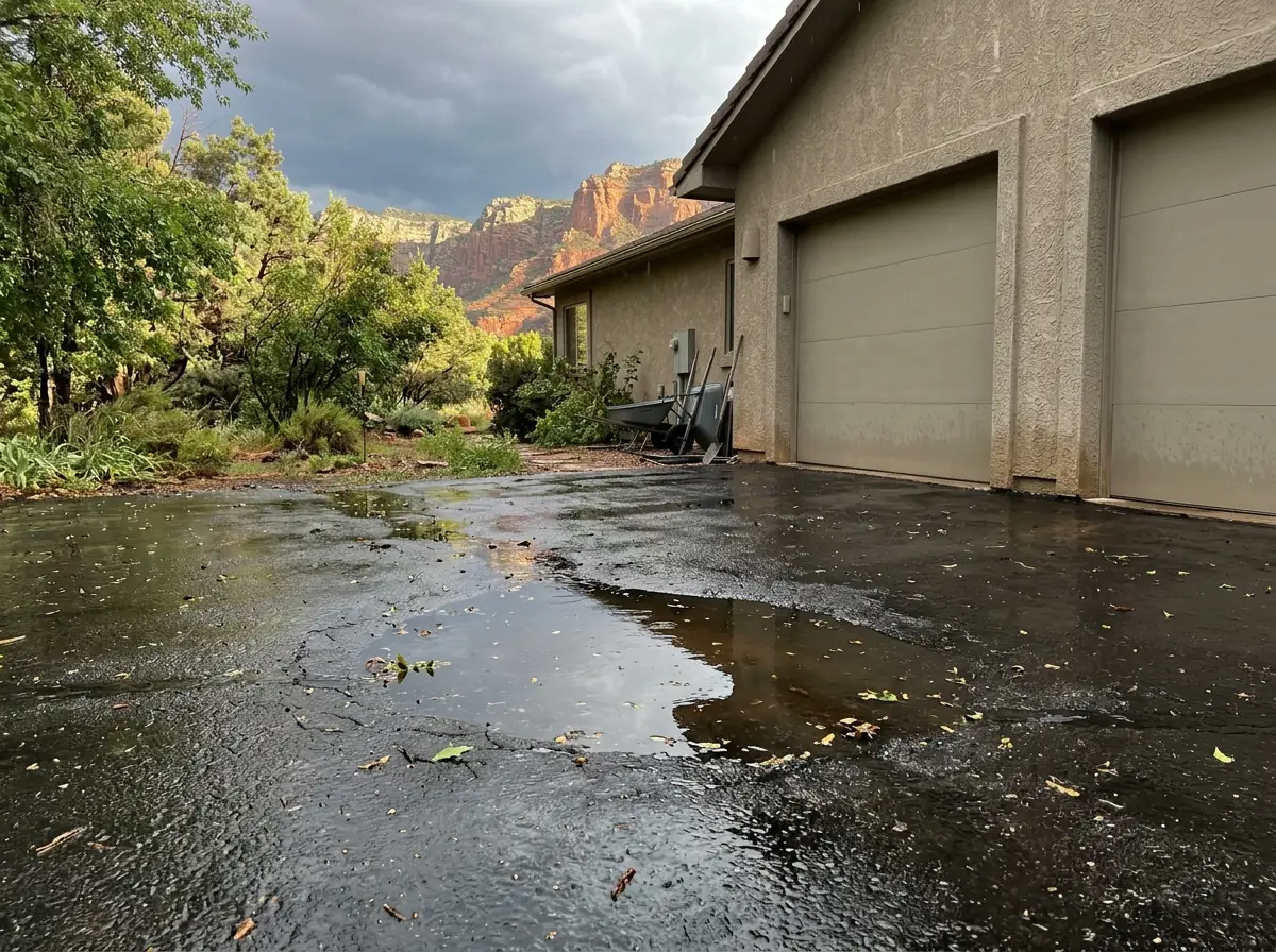 Puddle of rainwater sitting in a sunken low spot on an asphalt driveway in front of a stucco garage