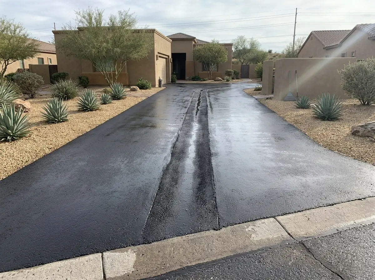 Shallow V-shaped asphalt swale running down the middle of a wide driveway toward the street, desert gravel on either side