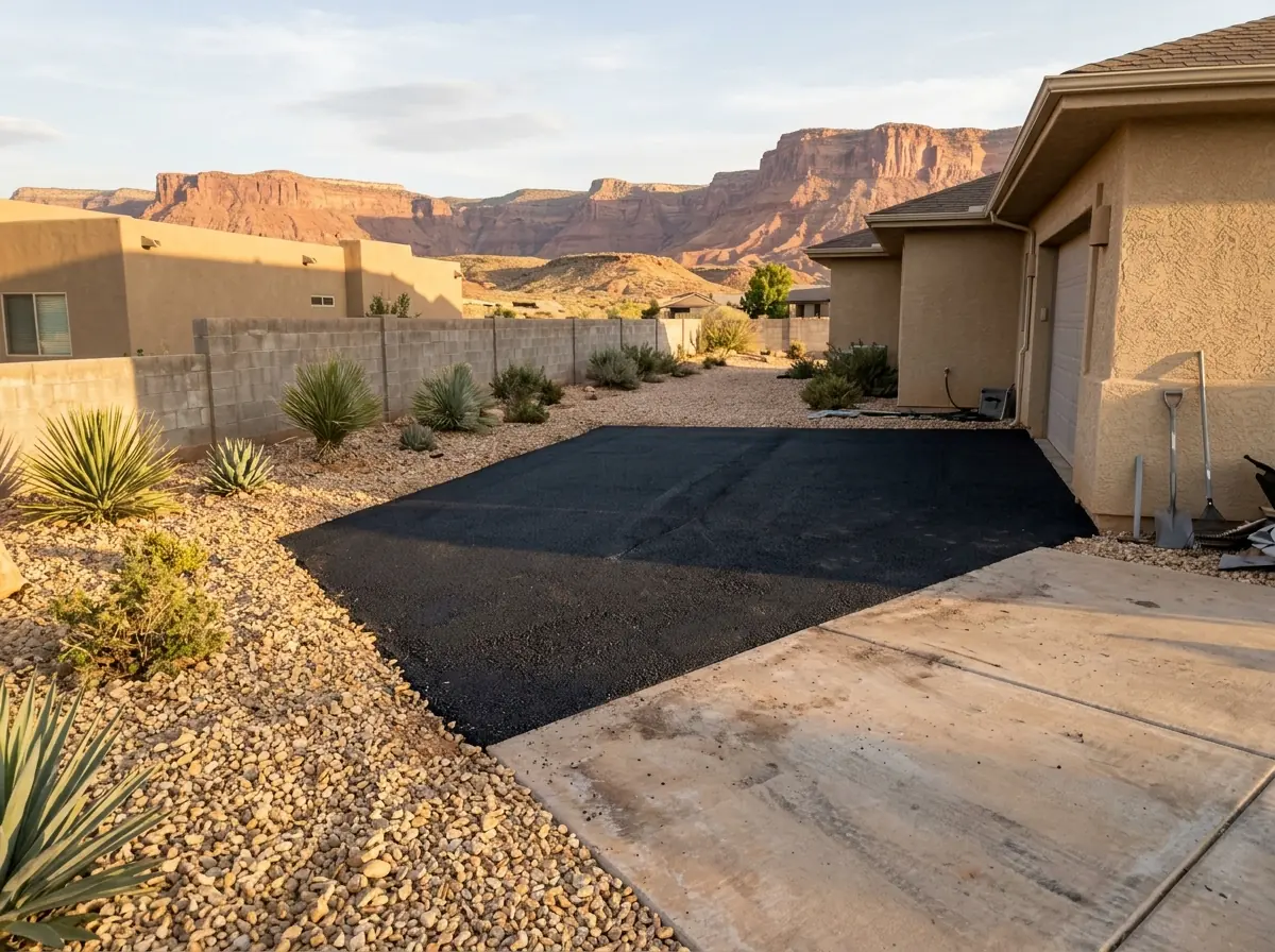Asphalt parking pad branching off a driveway beside a stucco home with gravel and agave landscaping around it