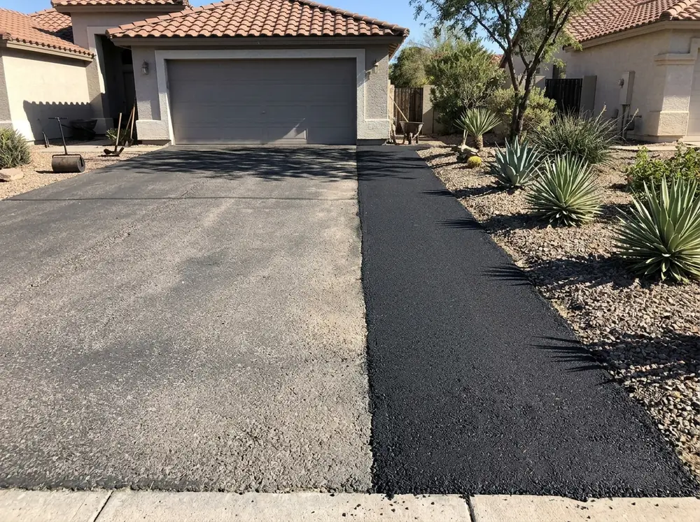Fresh strip of black asphalt added along one side of an older driveway in front of a two-car garage on a stucco home