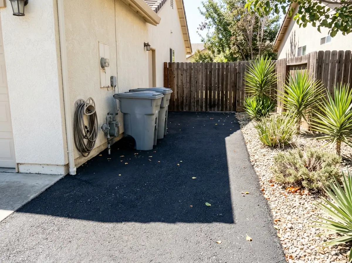 Narrow asphalt path running from a driveway along the side of a stucco house to a wooden side gate
