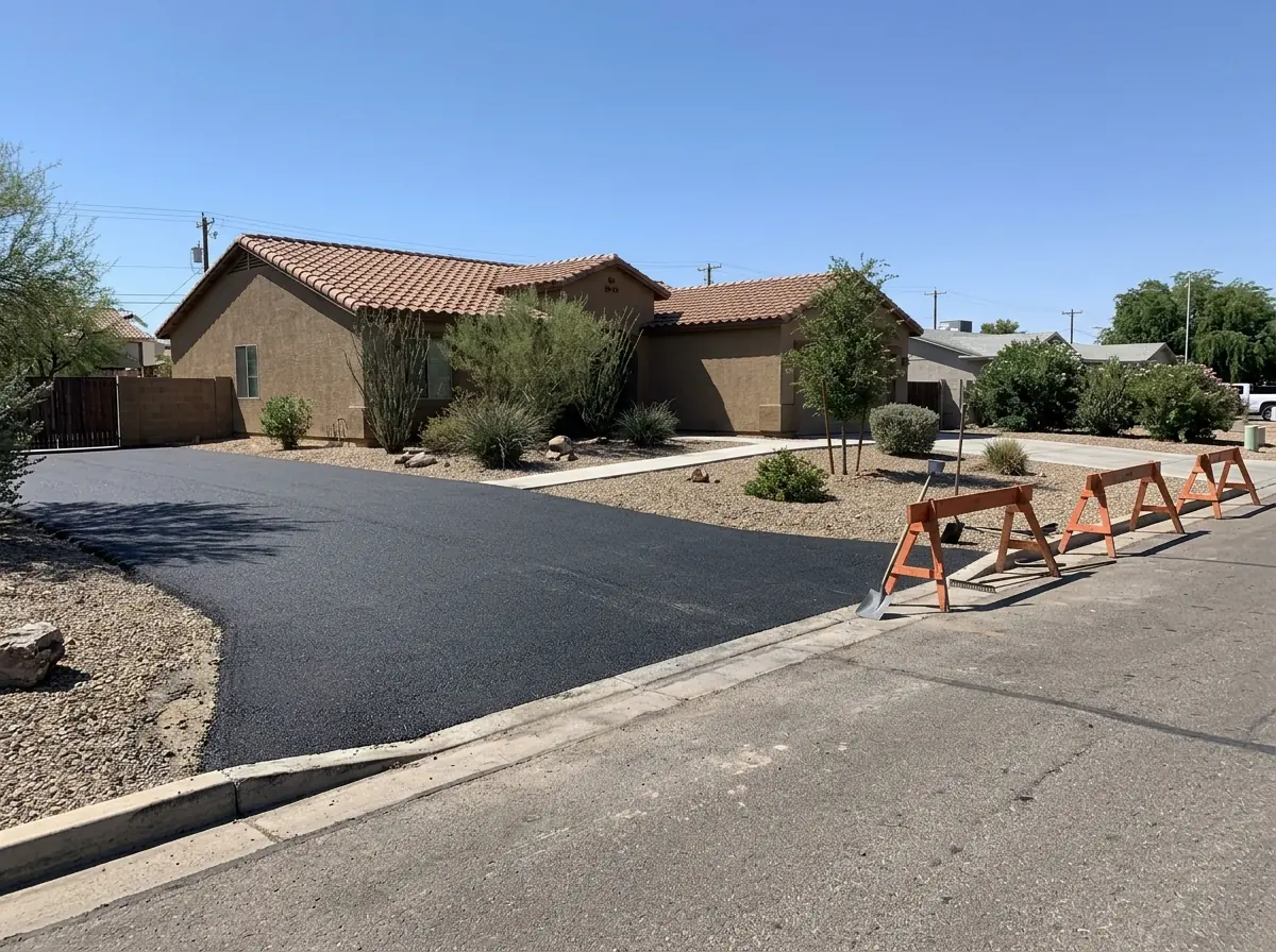 Wide asphalt apron where a residential driveway meets the curb and street, orange barricades at the edge of the work