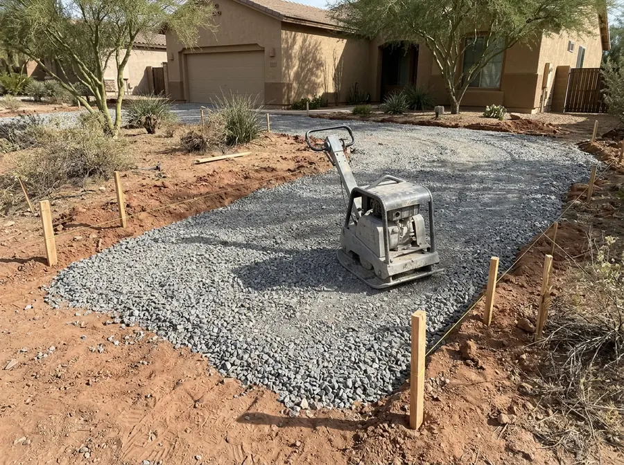 Crushed base rock being compacted for a new driveway