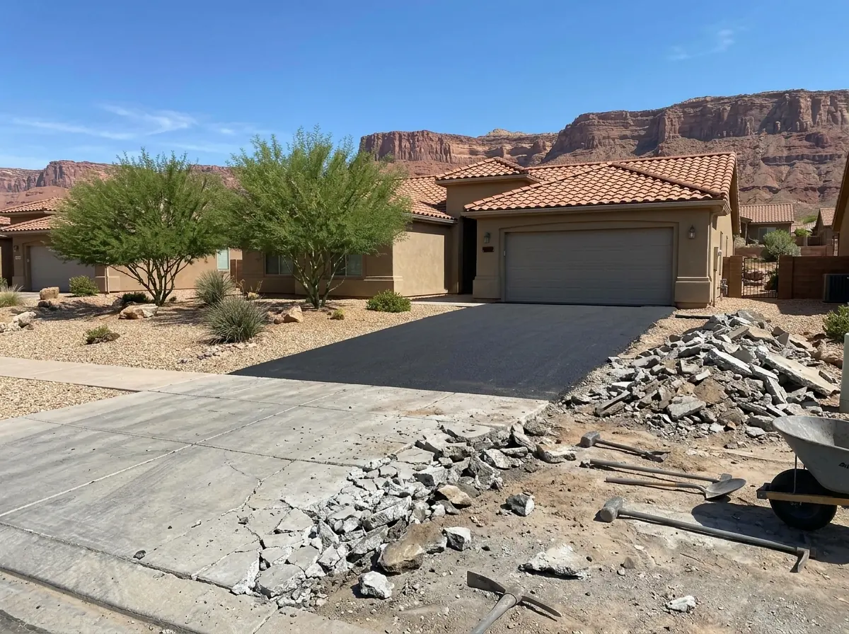 Cracked gray concrete driveway being broken up beside a strip of fresh black asphalt leading to a garage