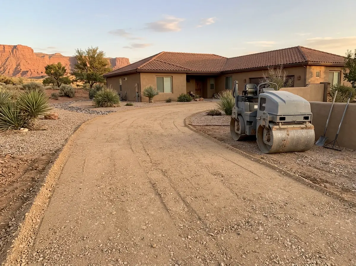 Freshly graded and compacted gravel base ready for paving after the old driveway was removed, a plain gray roller nearby