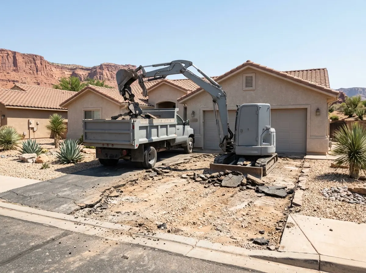 Excavator bucket lifting broken slabs of old asphalt from a driveway into a dump truck in front of a stucco home